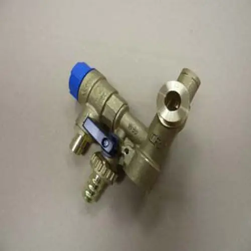 Hydroblock mit einem Sicherheitsventil, erkennbar an der blauen Kappe und dem Ventilmechanismus. Teil des Systems von Remeha zur Regulierung von Druck.
